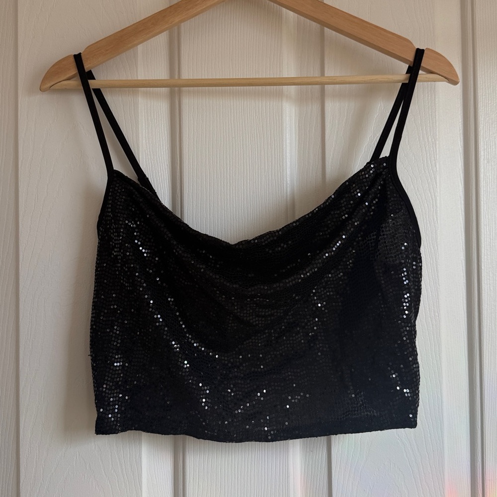 Express Black Sequin Cowl Crop Camisole - Size M